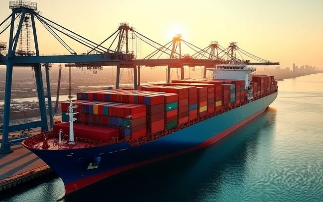 Containerschiff im Hafen bei Sonnenuntergang, symbolisiert globale Frachtweiterleitung